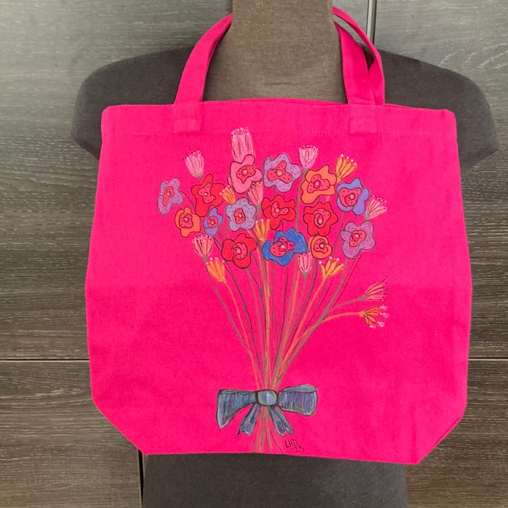 Hand Painted Floral Bouquet on pink Canvas Shopping Bag